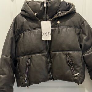 ZARA Leather Zip up Puffer Jacket with hood